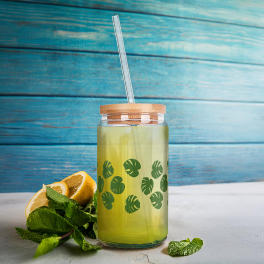 Monstera Pattern Soda Can Glass – 16 oz Tumbler With Bamboo Lid And Straw