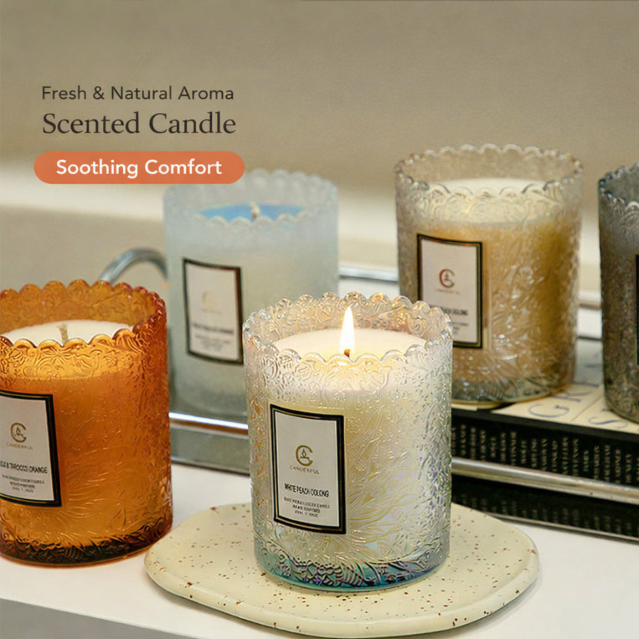 Scented Candle Cups with Embossed Glass Gift Design, Plant-Based Soy Wax Scented Candles with Low-Smoke Performance, Elegant Home Fragrance Candles for Wholesale Valentine’s Day Decor & Gift Use