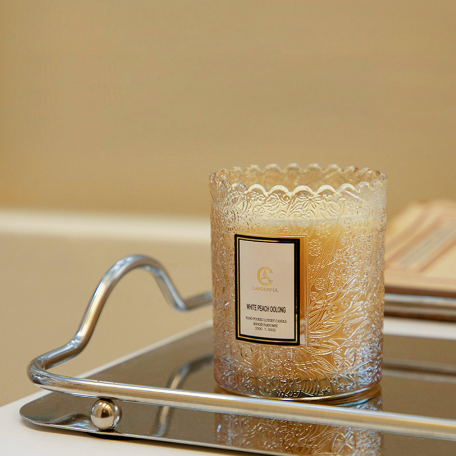 Scented Candle Cups with Embossed Glass Gift Design, Plant-Based Soy Wax Scented Candles with Low-Smoke Performance, Elegant Home Fragrance Candles for Wholesale Valentine’s Day Decor & Gift Use