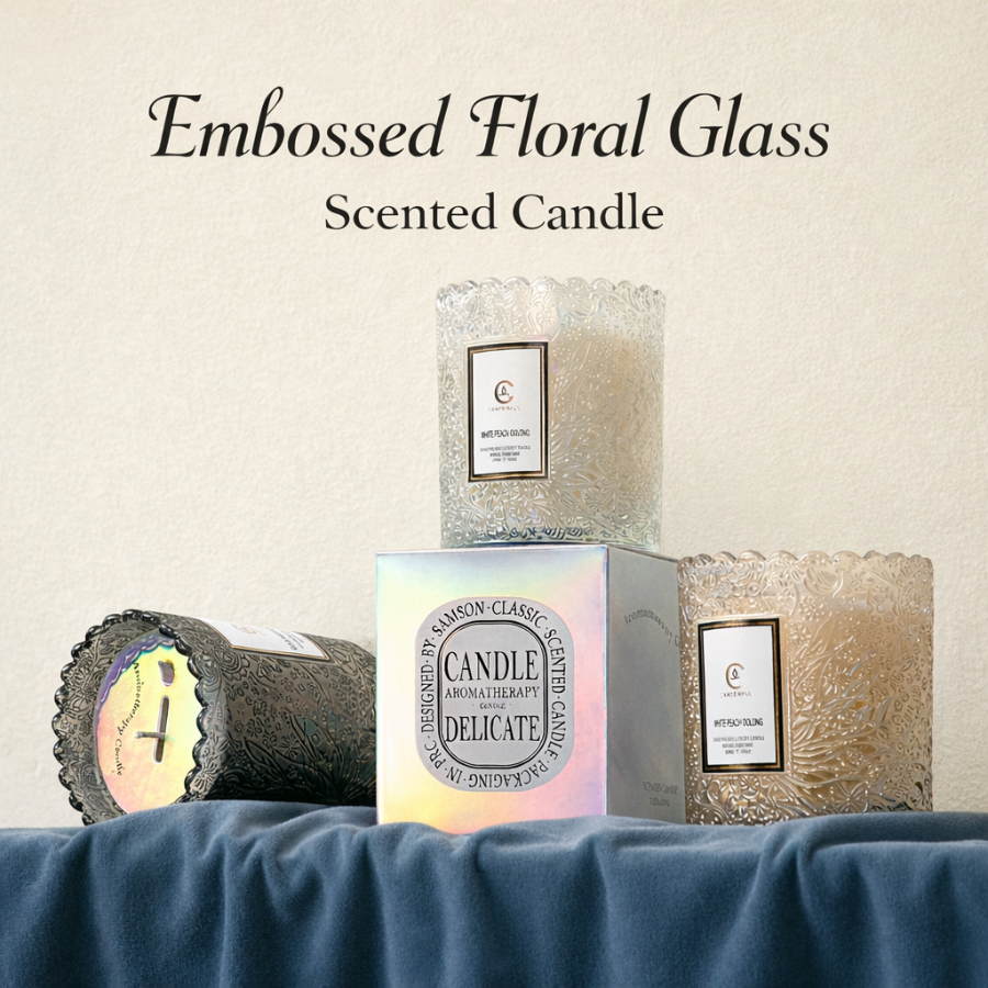 Scented Candle Cups with Embossed Glass Gift Design, Plant-Based Soy Wax Scented Candles with Low-Smoke Performance, Elegant Home Fragrance Candles for Wholesale Valentine’s Day Decor & Gift Use