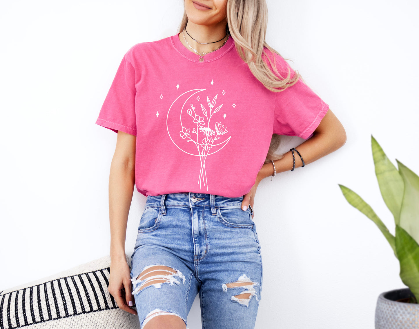 Flower and Moon Nature botanical Garment Dyed T Shirt