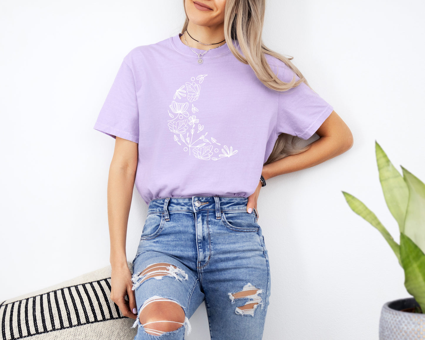 The Moon made of Flowers Nature botanical Garment Dyed T Shirt