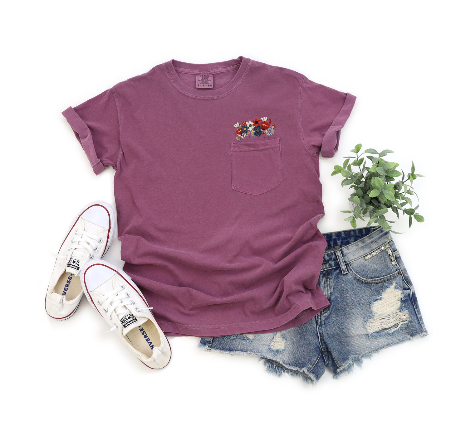 Wildflowers America Flag Color Botanical Comfort Colors Pocket T Shirt