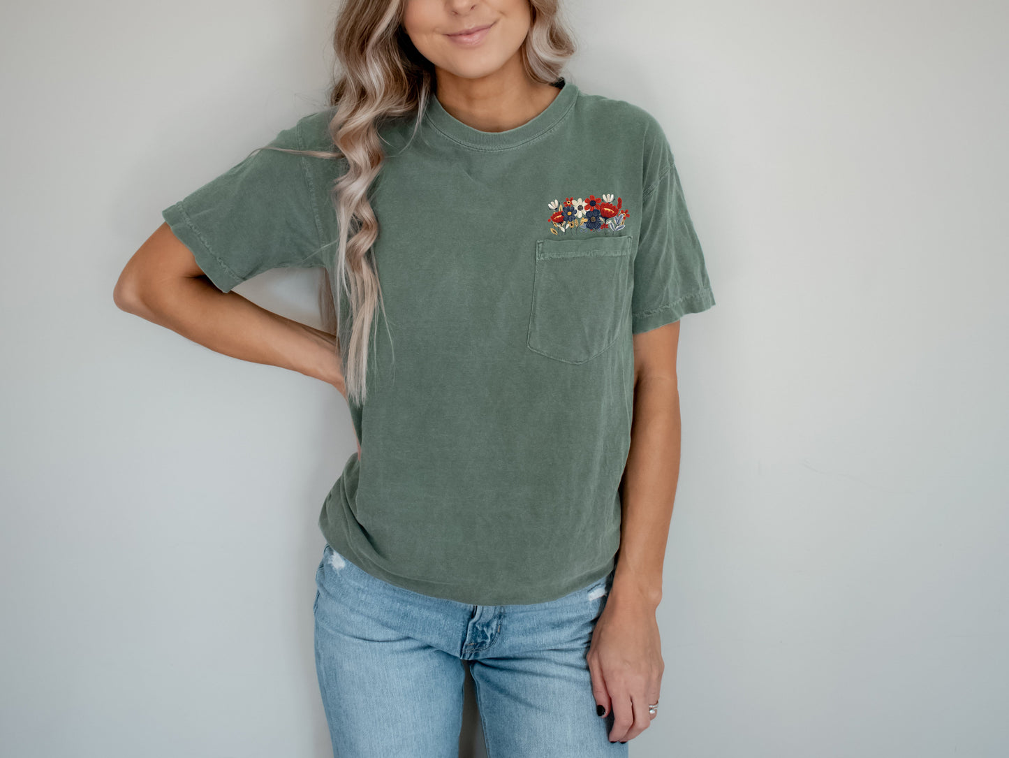 Wildflowers America Flag Color Botanical Comfort Colors Pocket T Shirt