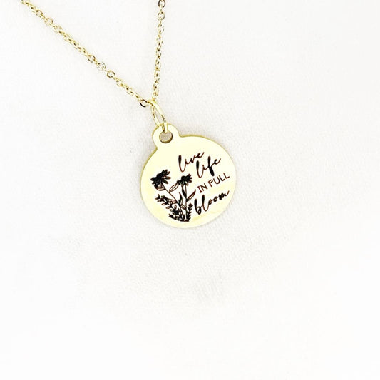 Live Life In Full Bloom Goldtone Charm Necklace, Encouragement, Gardner Gift, Love Gardening, Plant Lover, Wife, Daughter, Granddaughter