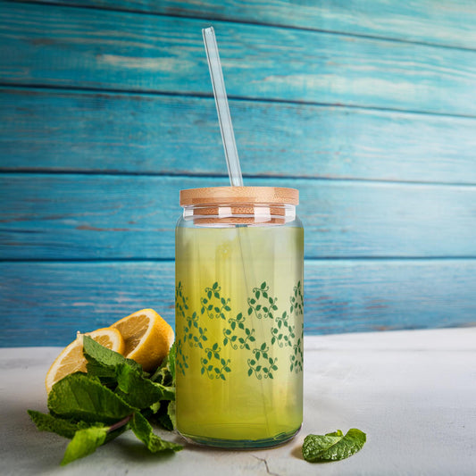 Pothos Pattern Soda Can Glass – 16 oz Tumbler With Bamboo Lid And Straw